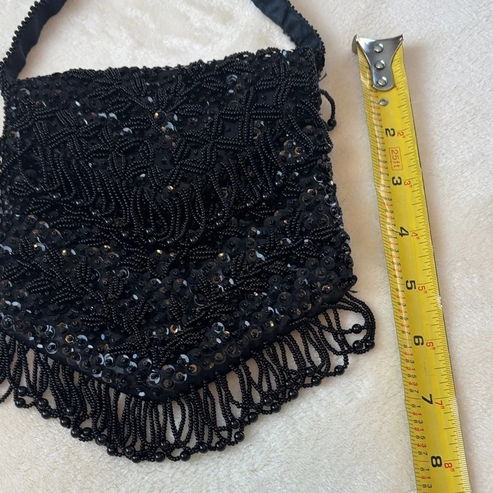 Vintage Handmade Black Beaded Fringe Evening Bag - For Ganson of California